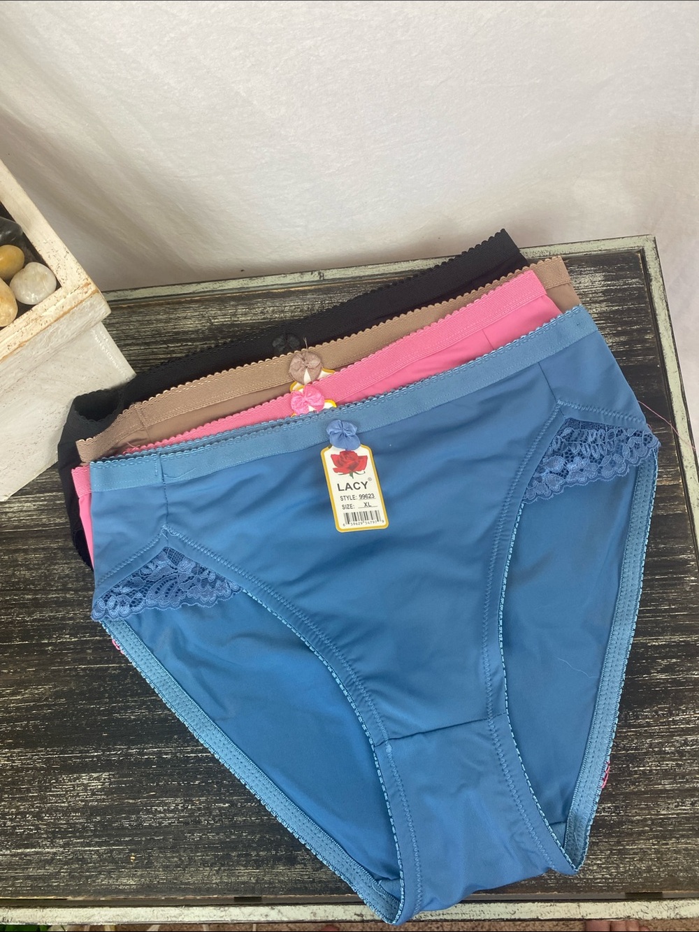 Lacy SET of 4 High Waist Black Nude Pink & Blue Lace Accent Bikini Panties XLL